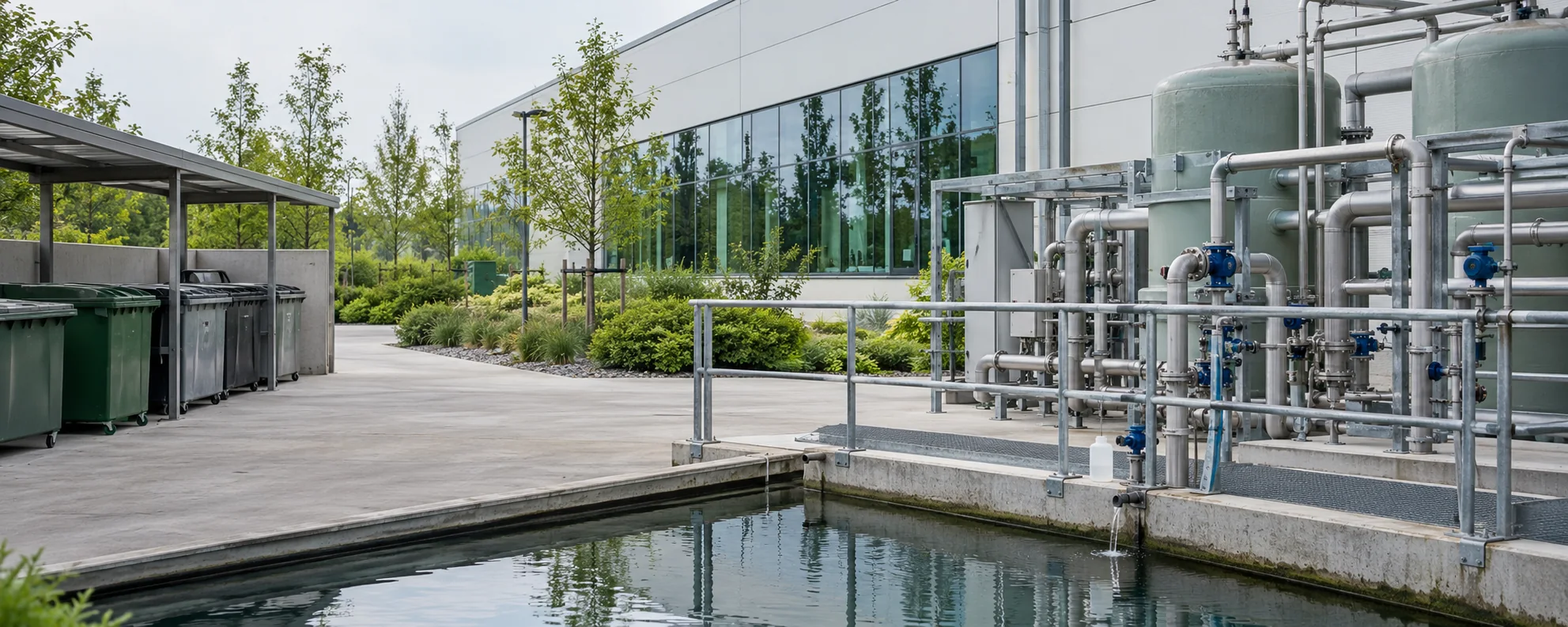 Orderly environmental controls and water-monitoring equipment at an industrial facility