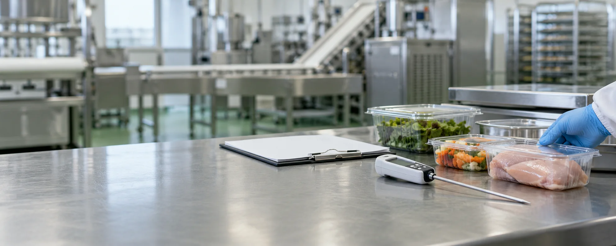 Sealed food samples and inspection tools on a hygienic food-safety bench