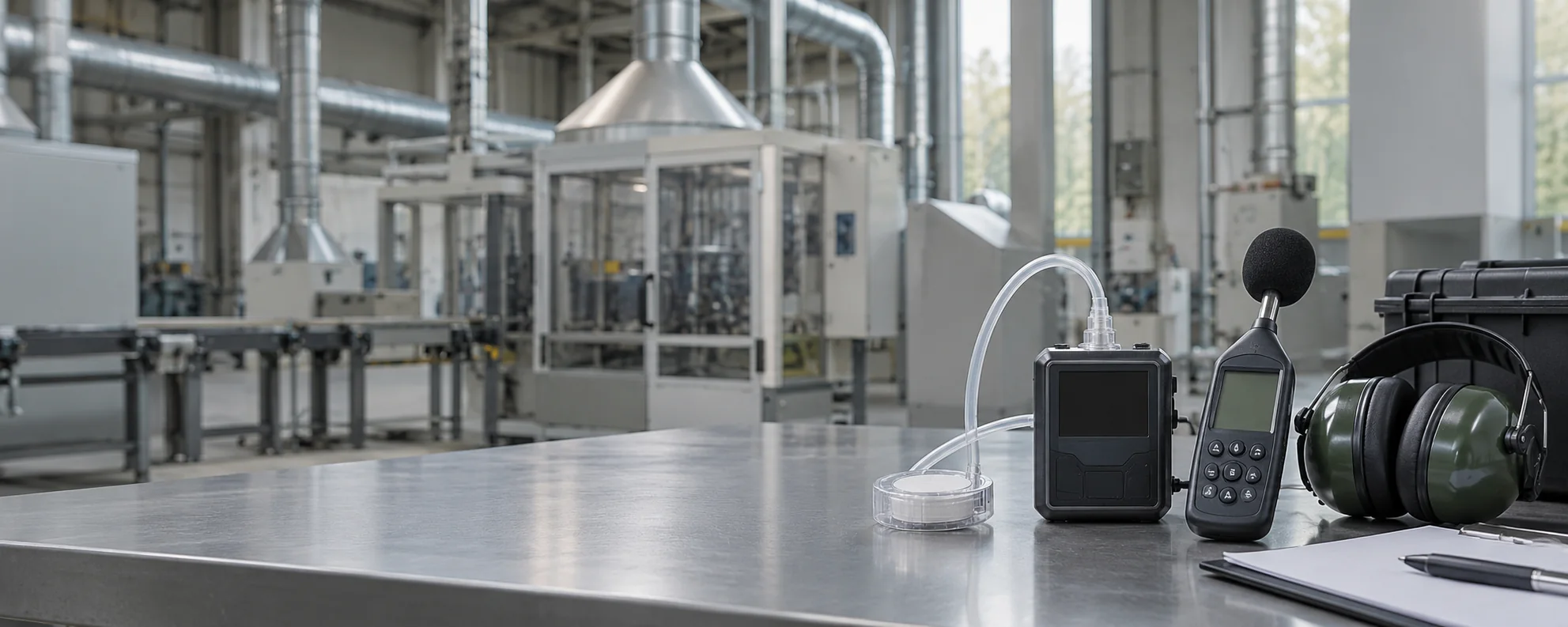 Air-sampling and noise-monitoring equipment on an occupational-hygiene workbench