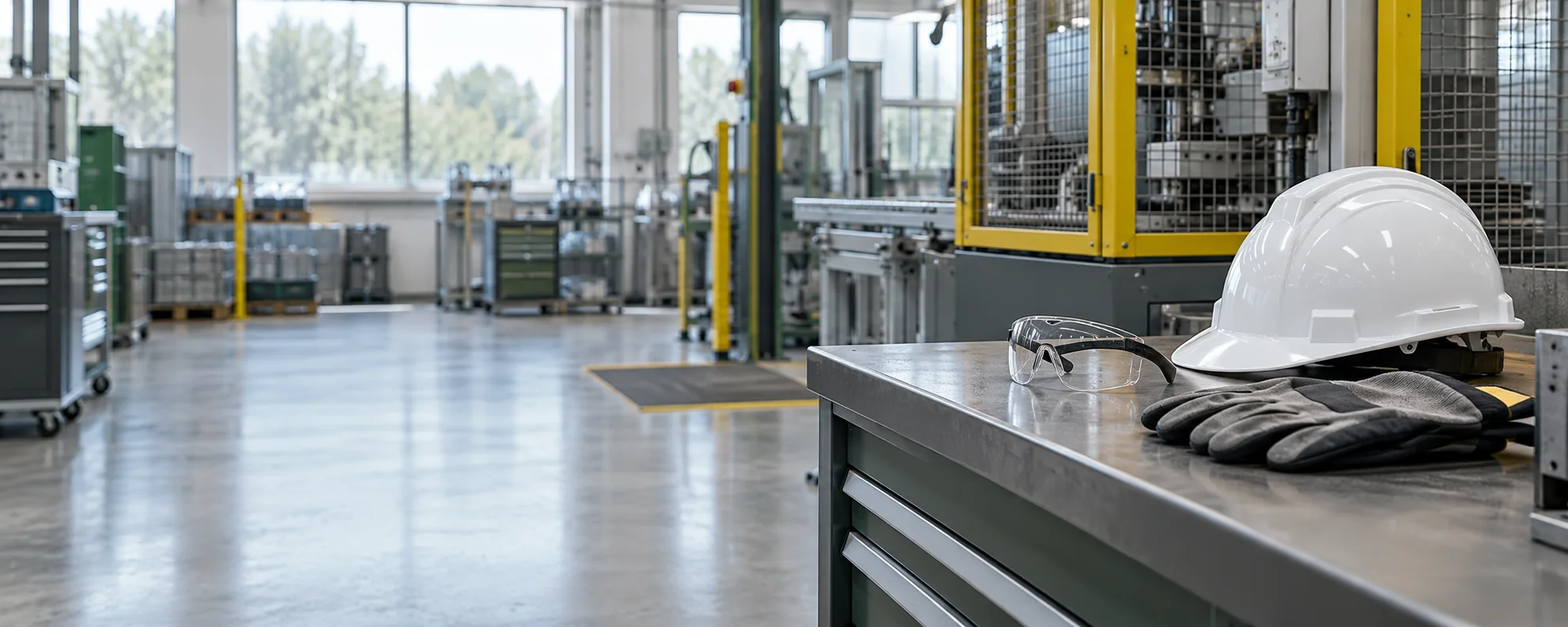Protective equipment in an orderly industrial safety workspace