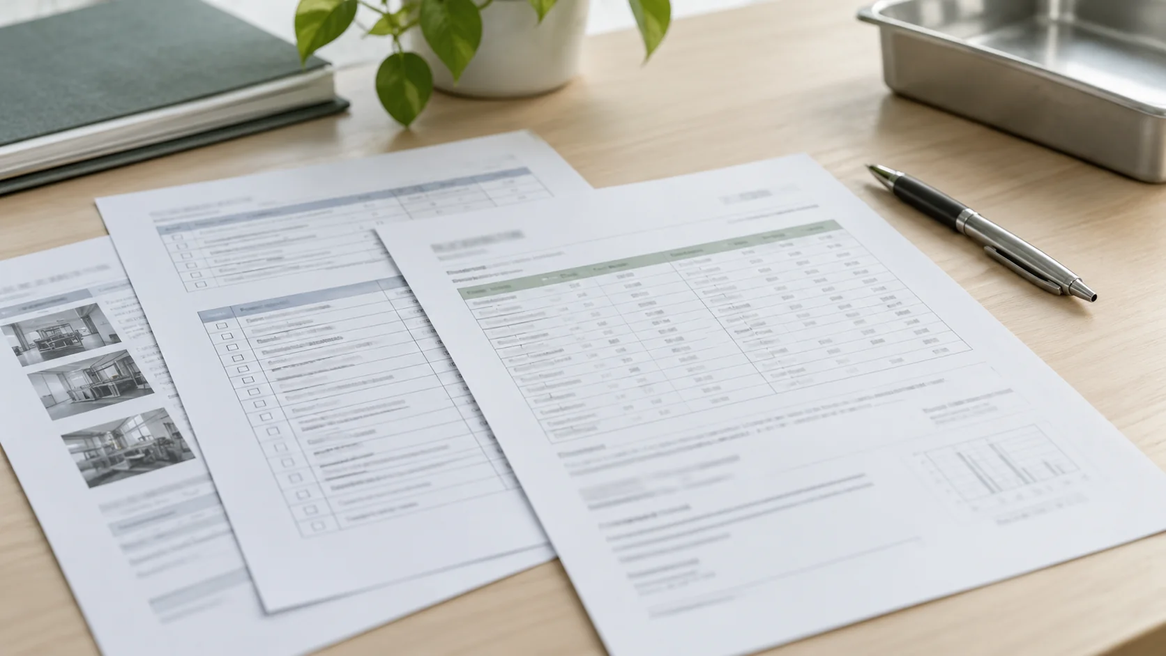 Audit records and analysis paperwork arranged on a desk