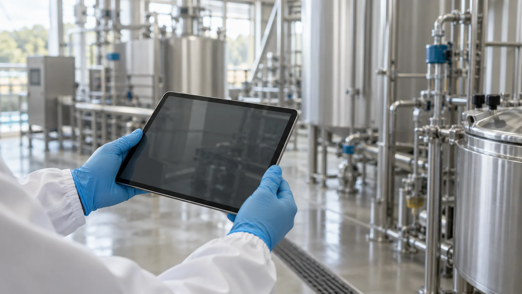 Gloved hands holding a tablet on a clean food production floor